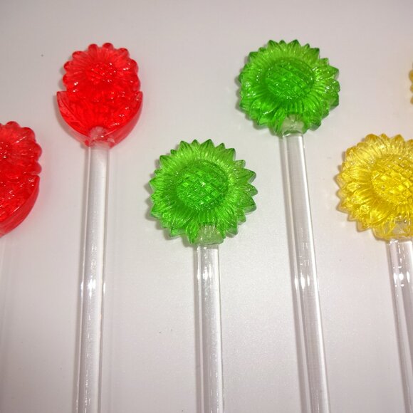 8 Vintage 1960s 1970s Drink Stirrers Flowers Sunflowers Yellow Green Red Taiwan - Picture 5 of 7